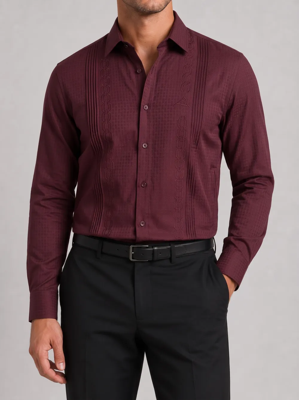 Men's Burgundy Guayabera Embroidered Long Sleeve Shirt
