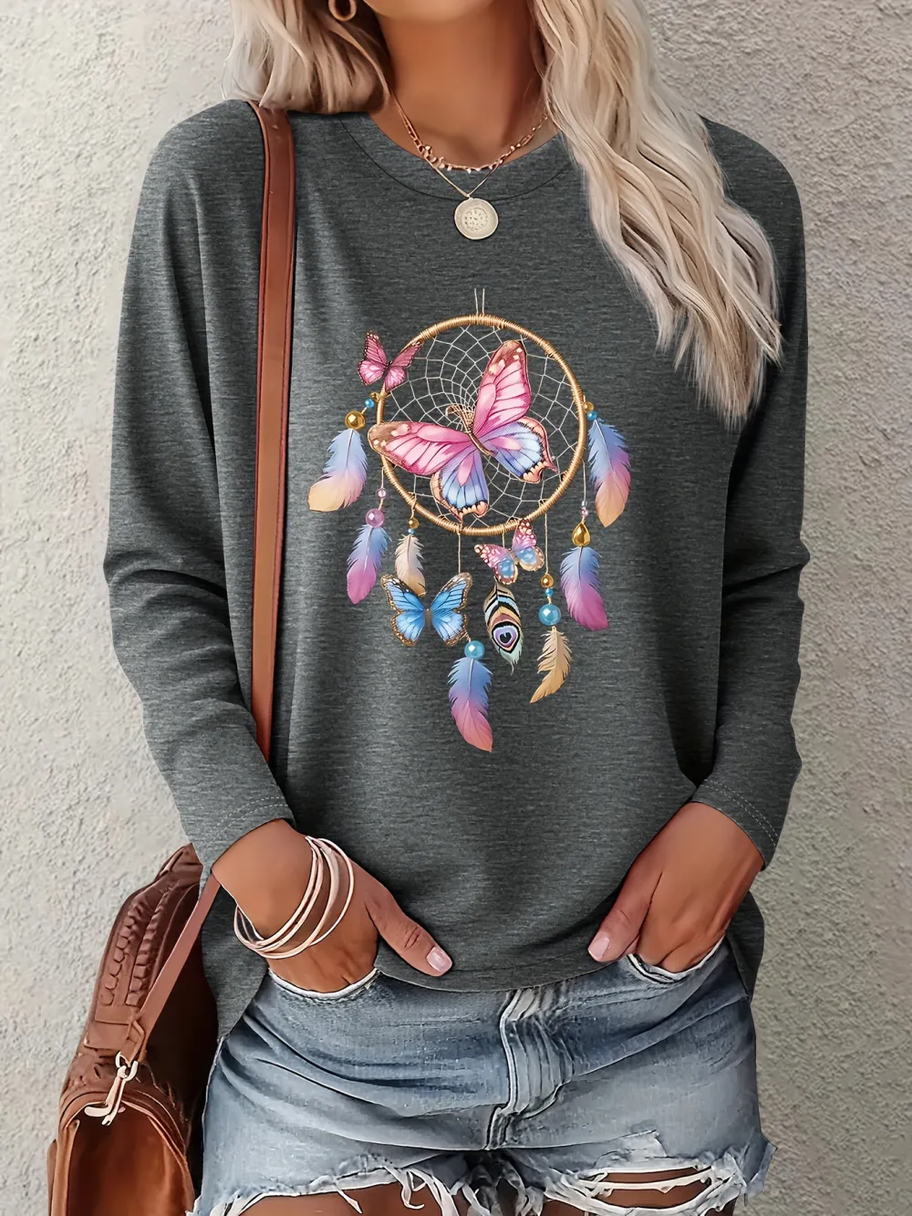 Butterfly Dreamcatcher Print Long Sleeve T-shirt