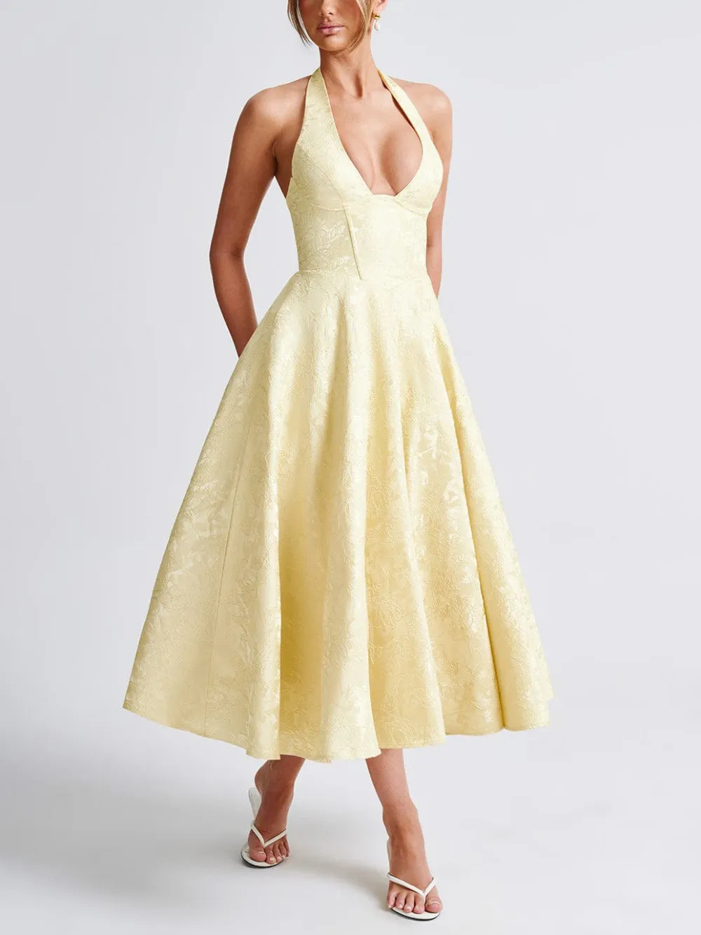 Vintage Elegant Jacquard V Neck Halter Midi Dress