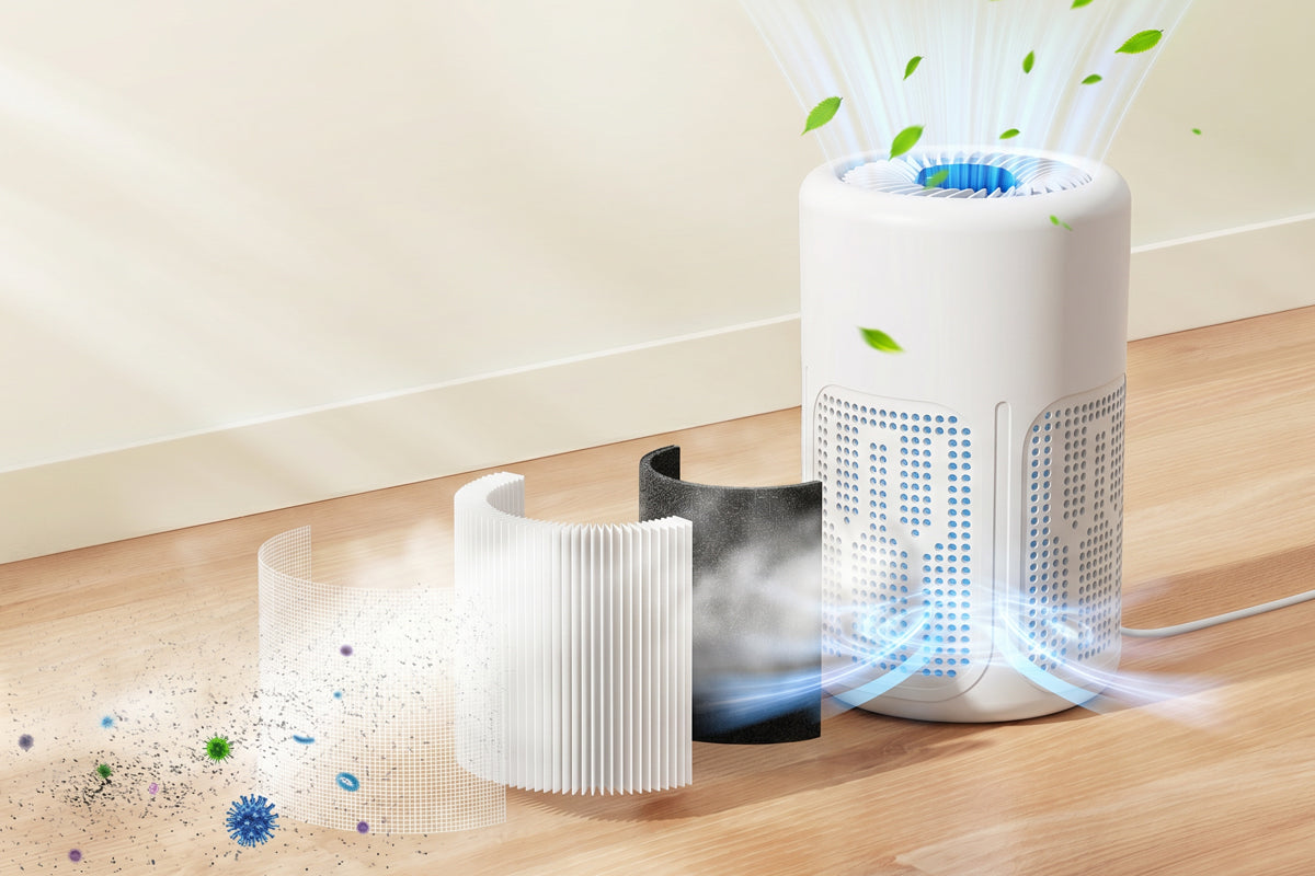Illustration showing the purifier and its layered filter arrangement