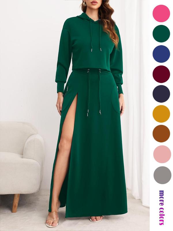 Women'S Solid Drawstring Hoodie & Split Thigh Skirt Set, Long Sleeve Top & Pocket Long Skirt, Casual Fashion Cozy Co-Ord Set, Women Clothes