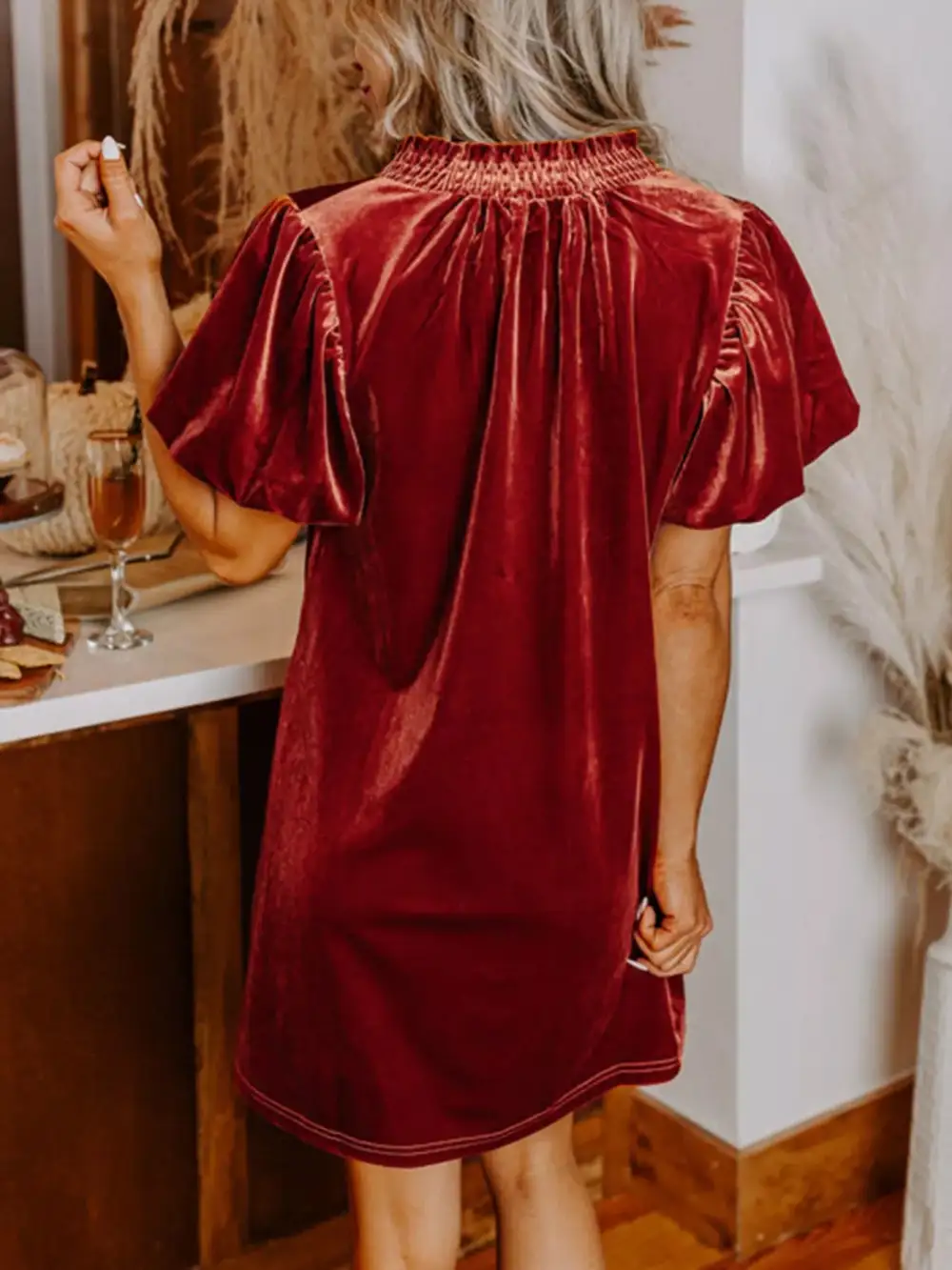 Velvet Puff Sleeve Dress Casual