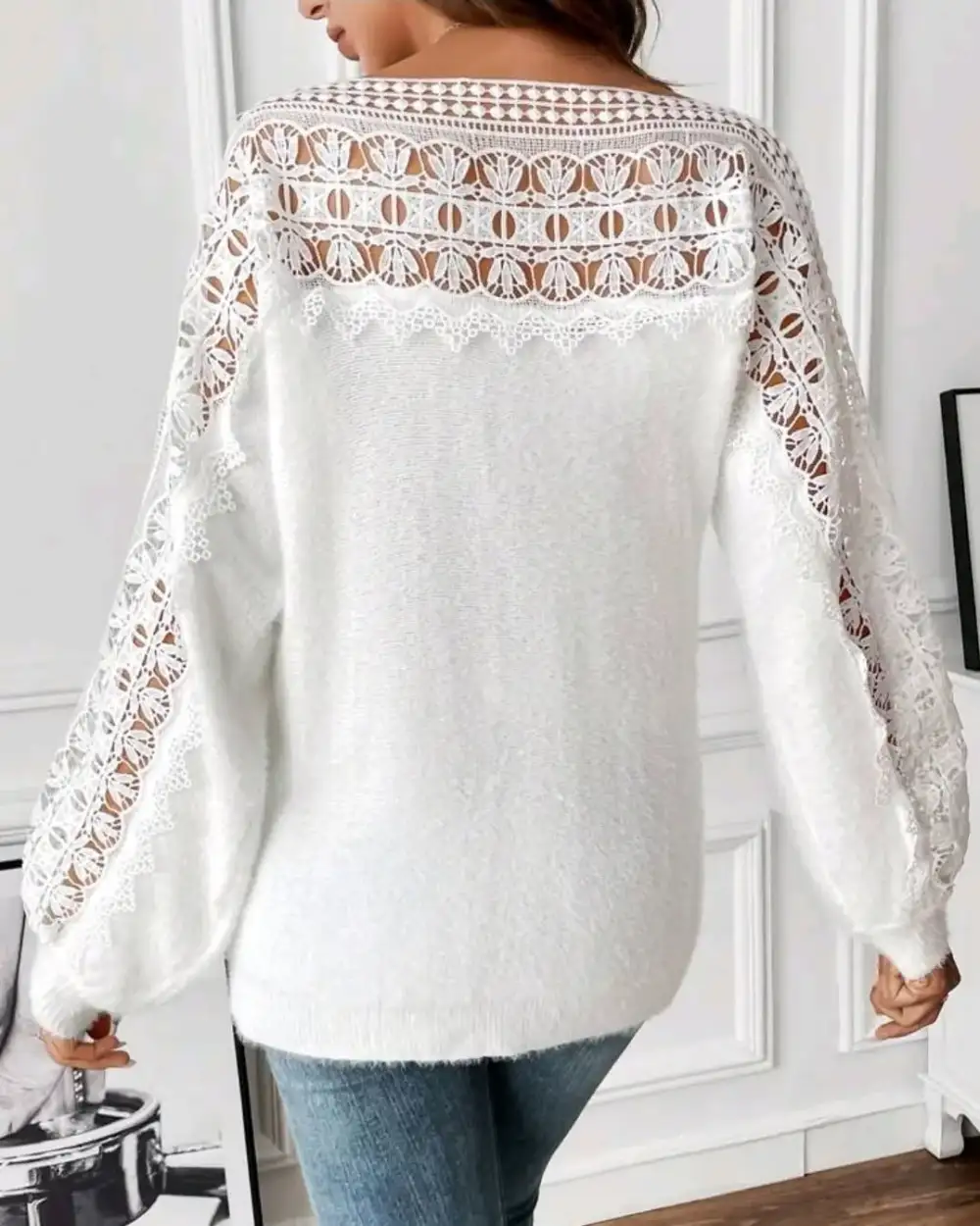 Women'S Lace Stitching Casual Long-Sleeved Top