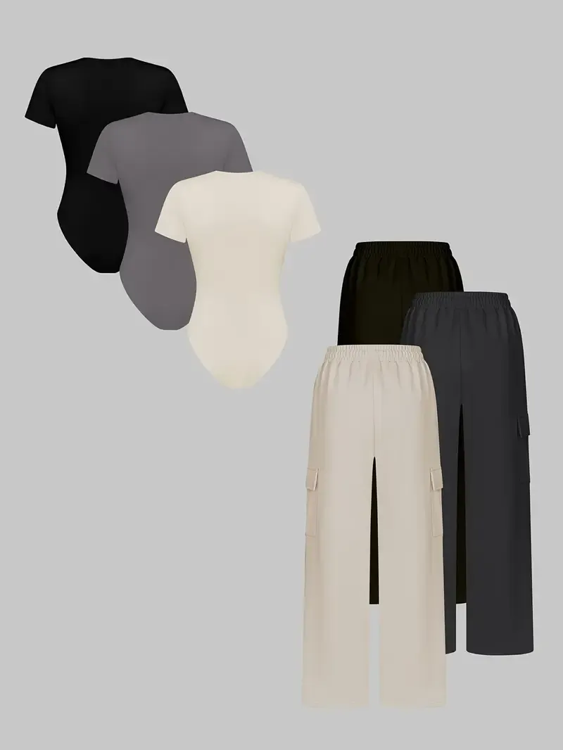 (3-SETS)Women'S Casual  Print Short Sleeve Round Neck TightJumpsuit And Waist Tie Wide Leg Pants With Pockets Set