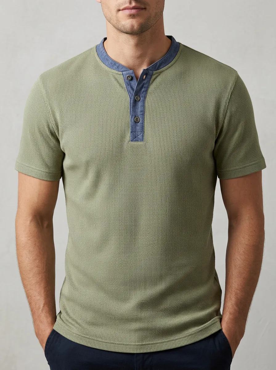 Men's Waffle Knit Contrast Button Henley Shirt