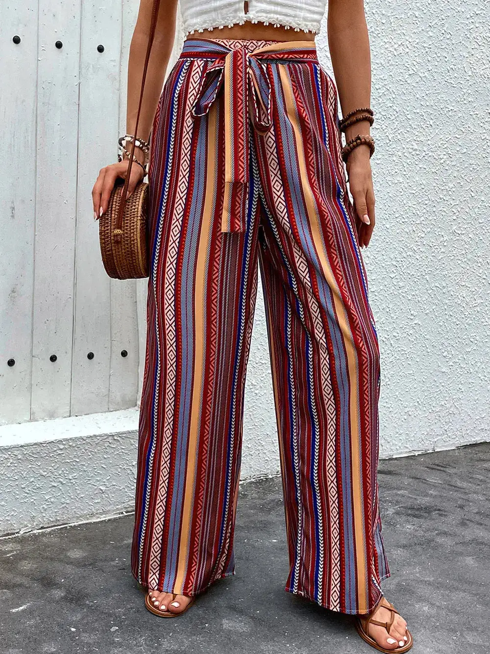 Wide Leg Tie Waist Geometric Print Pocketed Pants