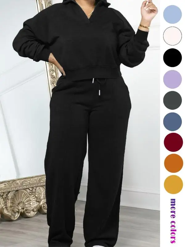 Women'S Solid Long Sleeve Sweatshirt & Drawstring Waist Pants Set