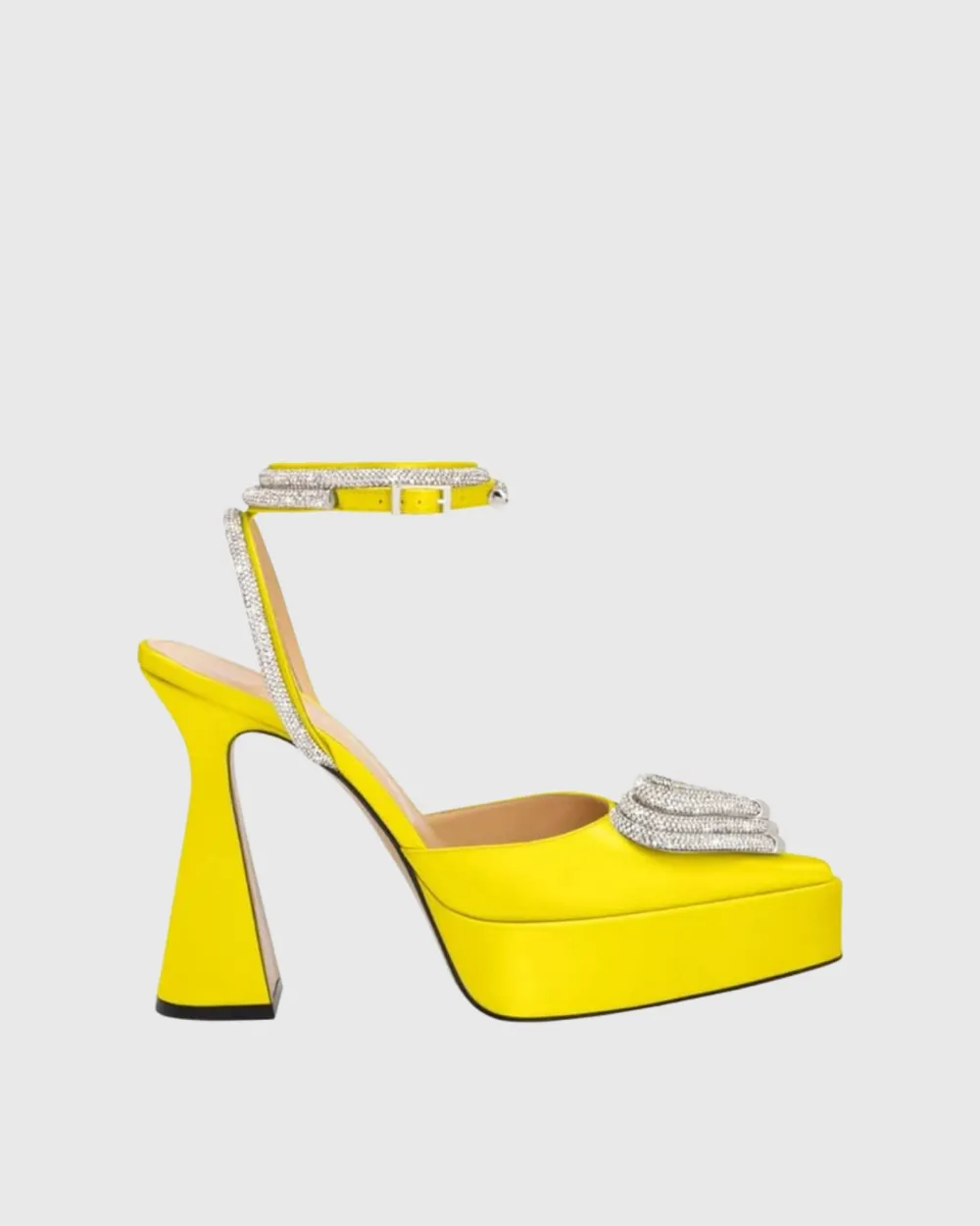 Crystal Heart Strap Platform Flared Heels in Yellow