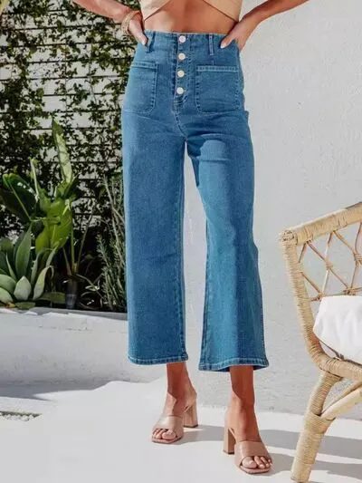Button Fly Cropped Pocket Denim Jeans