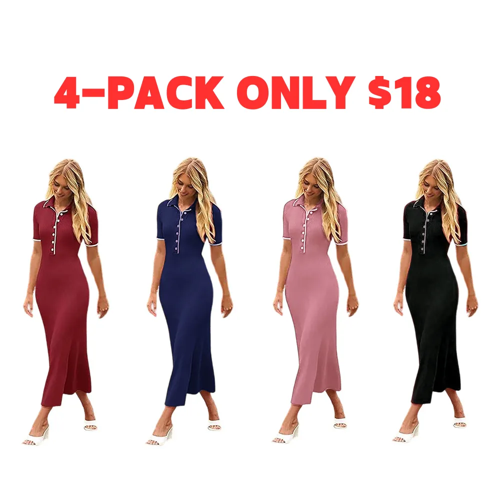 Women's V Neck Ribbed Knit Maxi Dress Button Short Sleeve Slim Fit Bodycon Sweater Dress