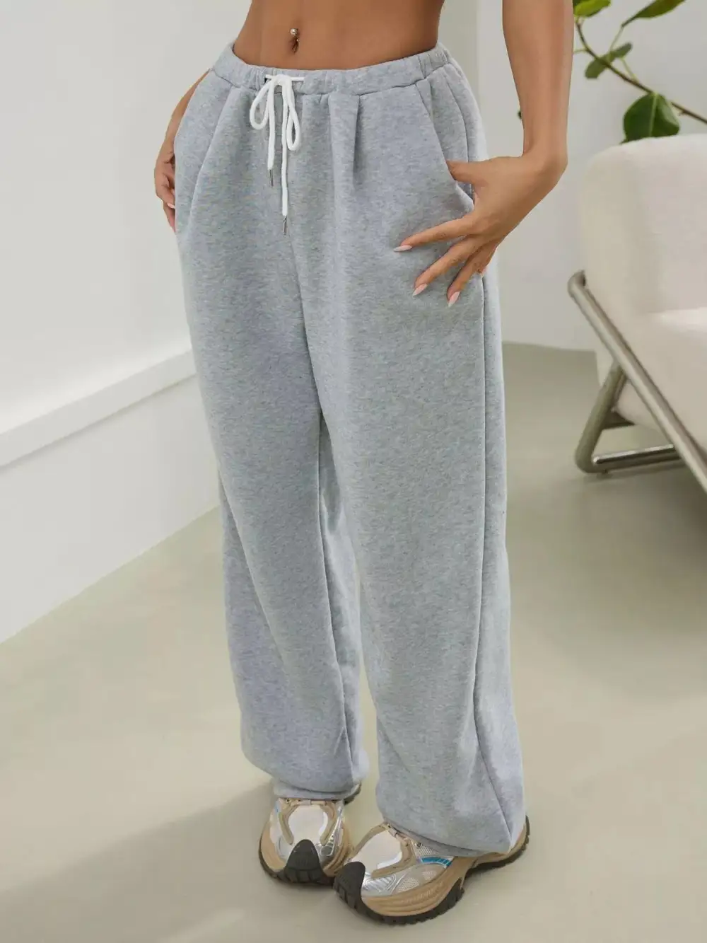 High-Waist Wide-Leg Drawstring Pocketed Sweatpants