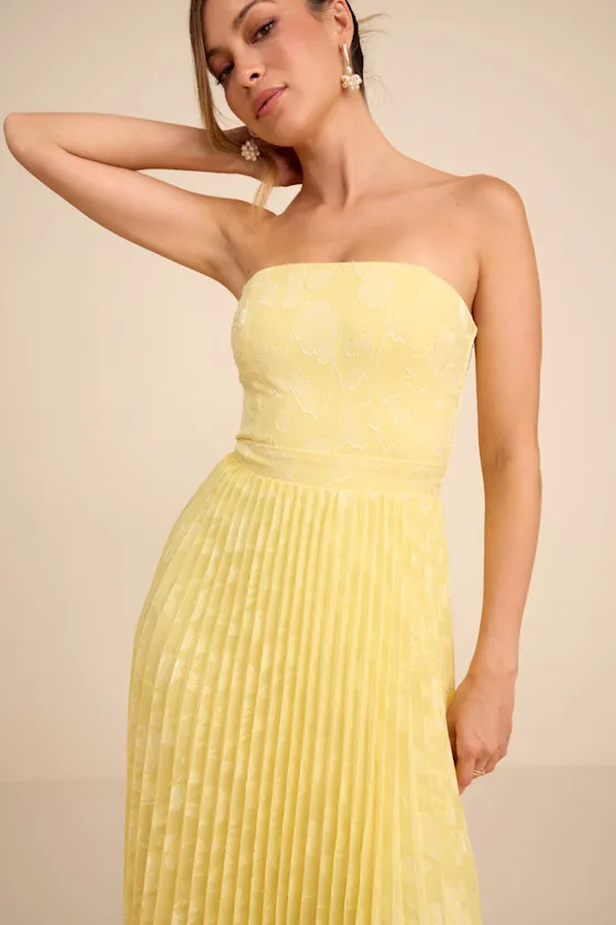 Perfectly Stunning Yellow Jacquard Strapless Midi Dress