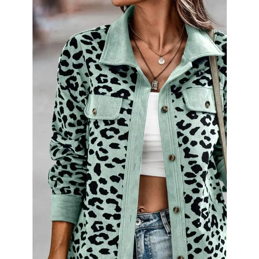 Full Size Leopard Print Button Down Jacket Plus Size