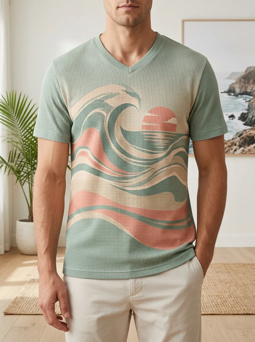 Men's Retro Ocean Wave Sunset Printed V-Neck T-Shirt