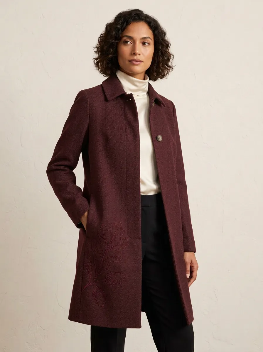 Women's Oak Leaf Acorn Printed Wool Coat