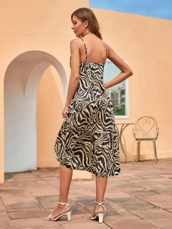 Women Ruffle Hem Zebra Striped Cami Dress