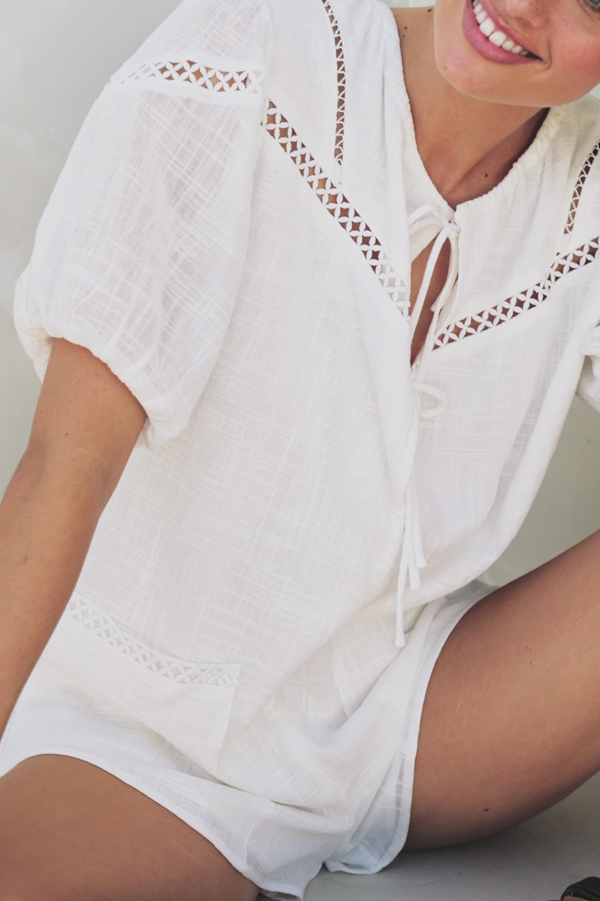 Eyelet Detailing Puff Sleeve Blouse