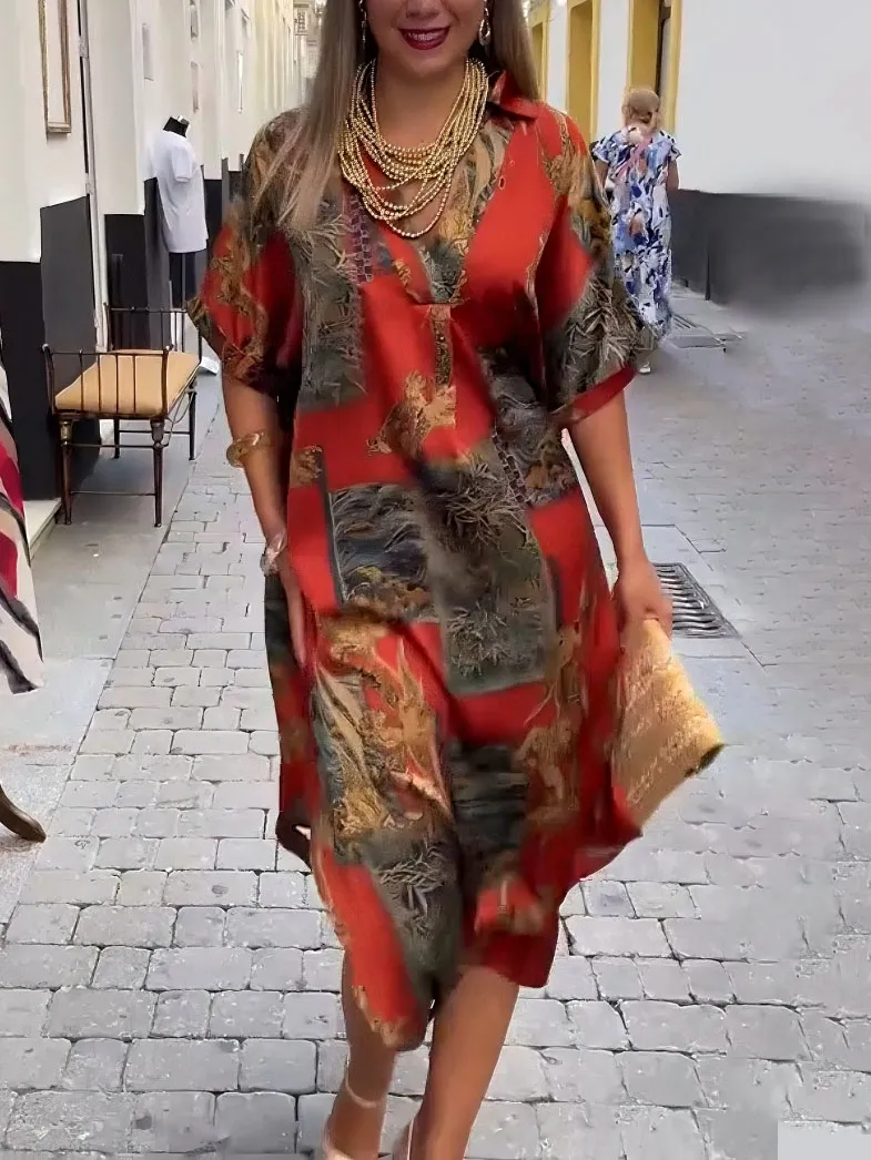 Retro Satin Print V Neck Shirt Midi Dress