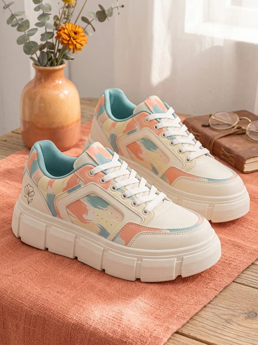 Women's Pastel Brushstroke Floral Printed Platform Sneakers