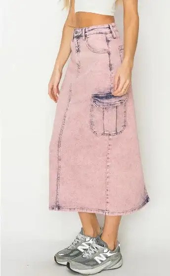 High Rise Cargo Utility Denim Maxi Skirt