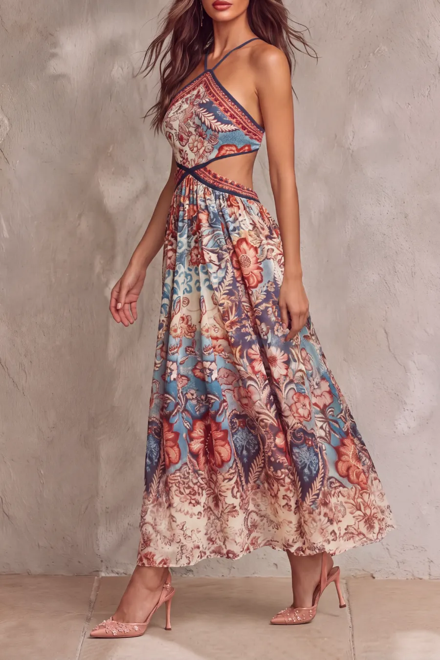 Cutout Floral Midi Dress