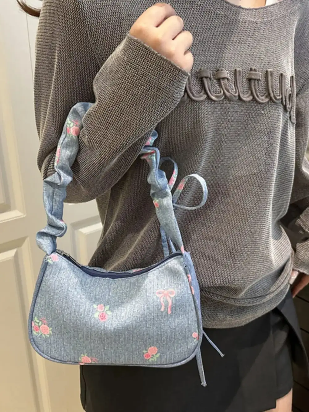 Embroidered Ruched Shoulder Bag