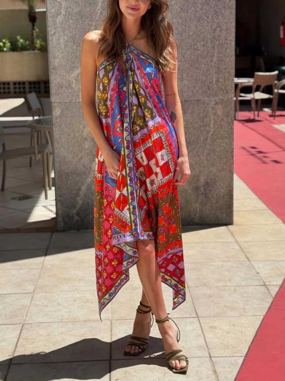 Asymmetric Print Halter Neck Midi Dress