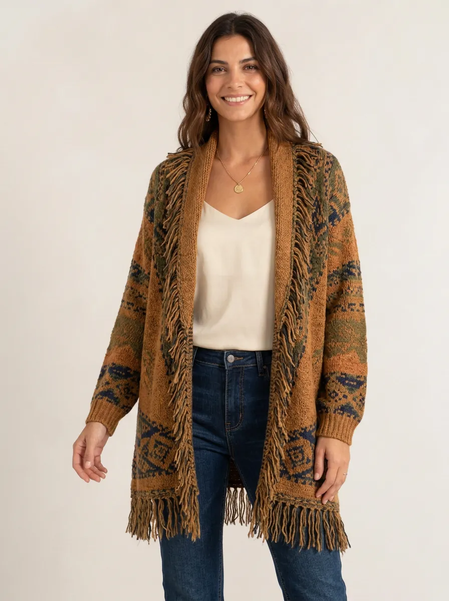 Women's Boho Style Geometric Pattern Fringe Trim Cardigan