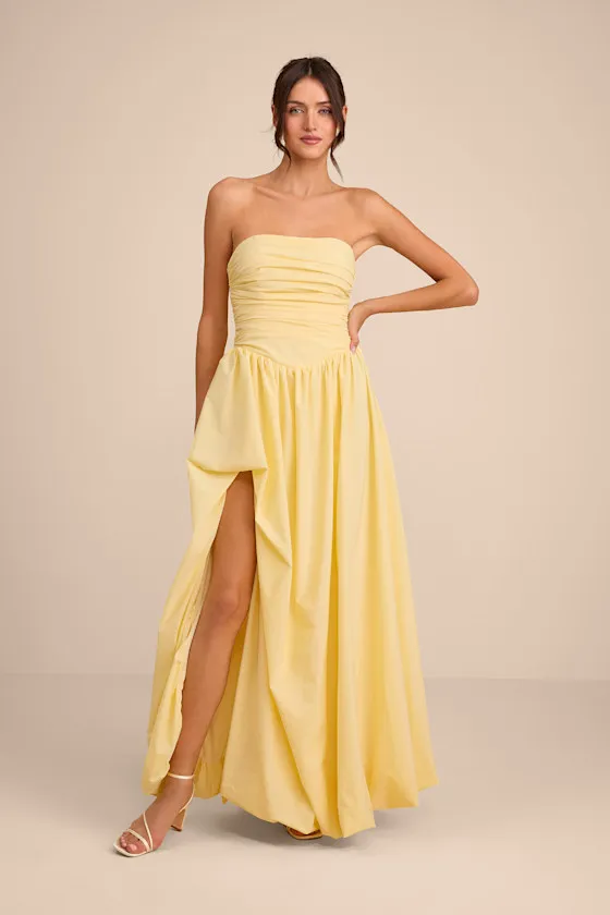 Marilou Light Yellow Strapless Ruched Lace-Up Maxi Dress