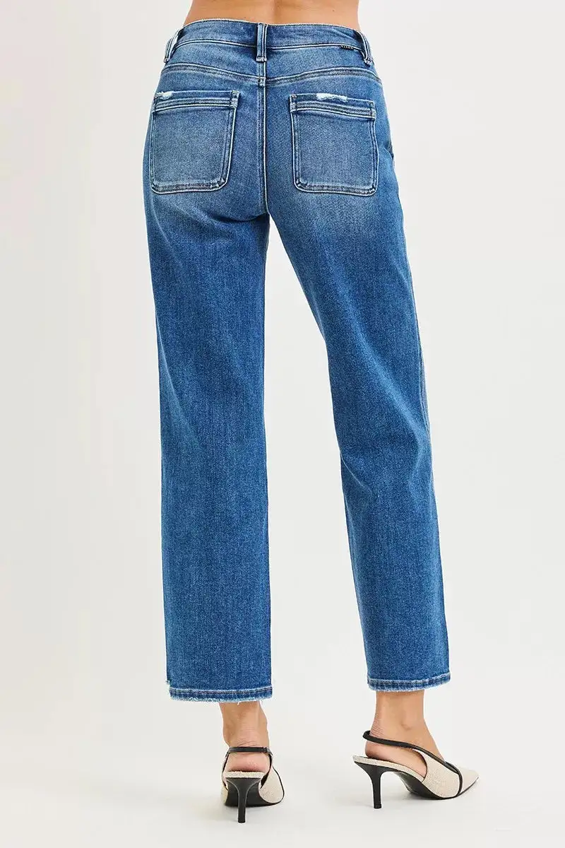 High-Rise Raw-Hem Distressed Washed Straight Leg Jeans