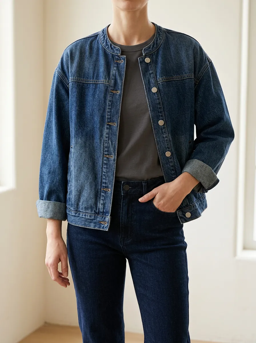 Collarless Short Sleeve Women's Denim Jacket