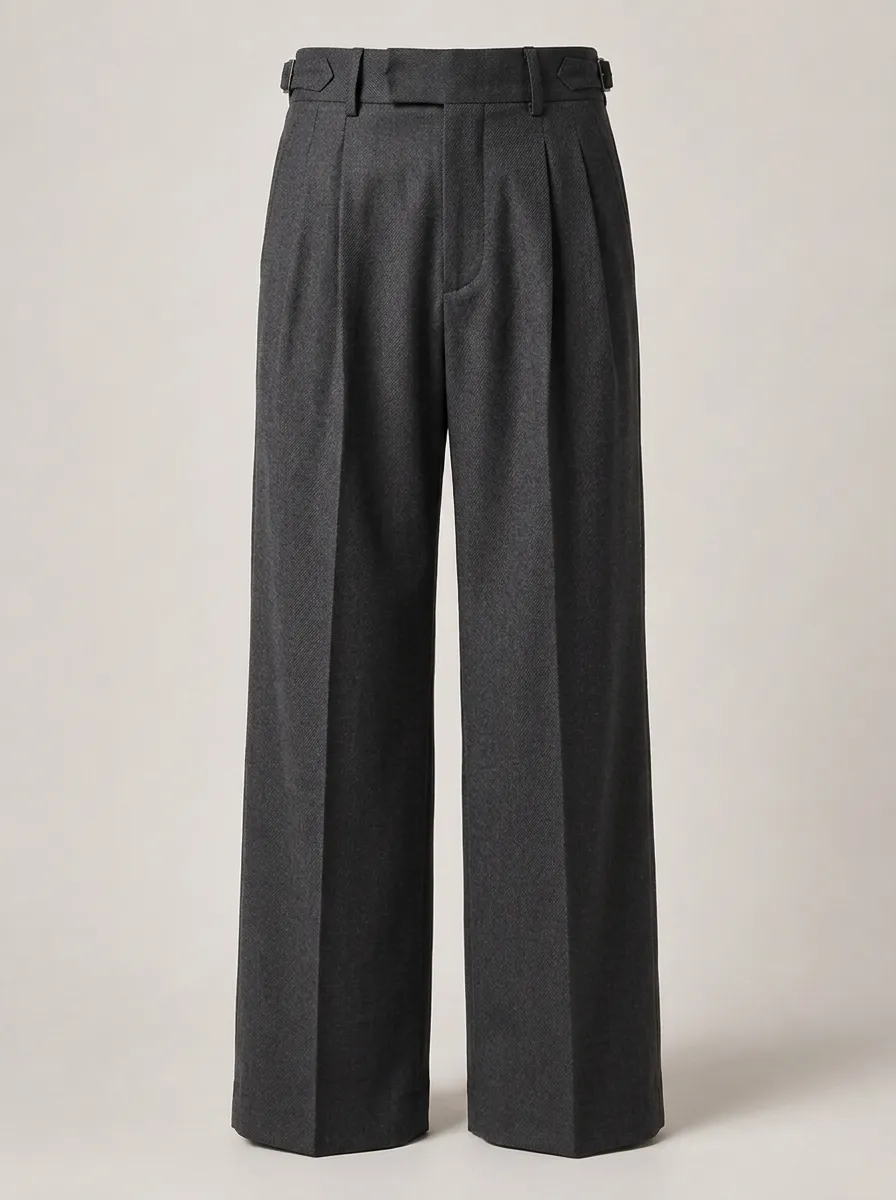 Men's Charcoal Grey Pleated Wide Leg Wool Trousers