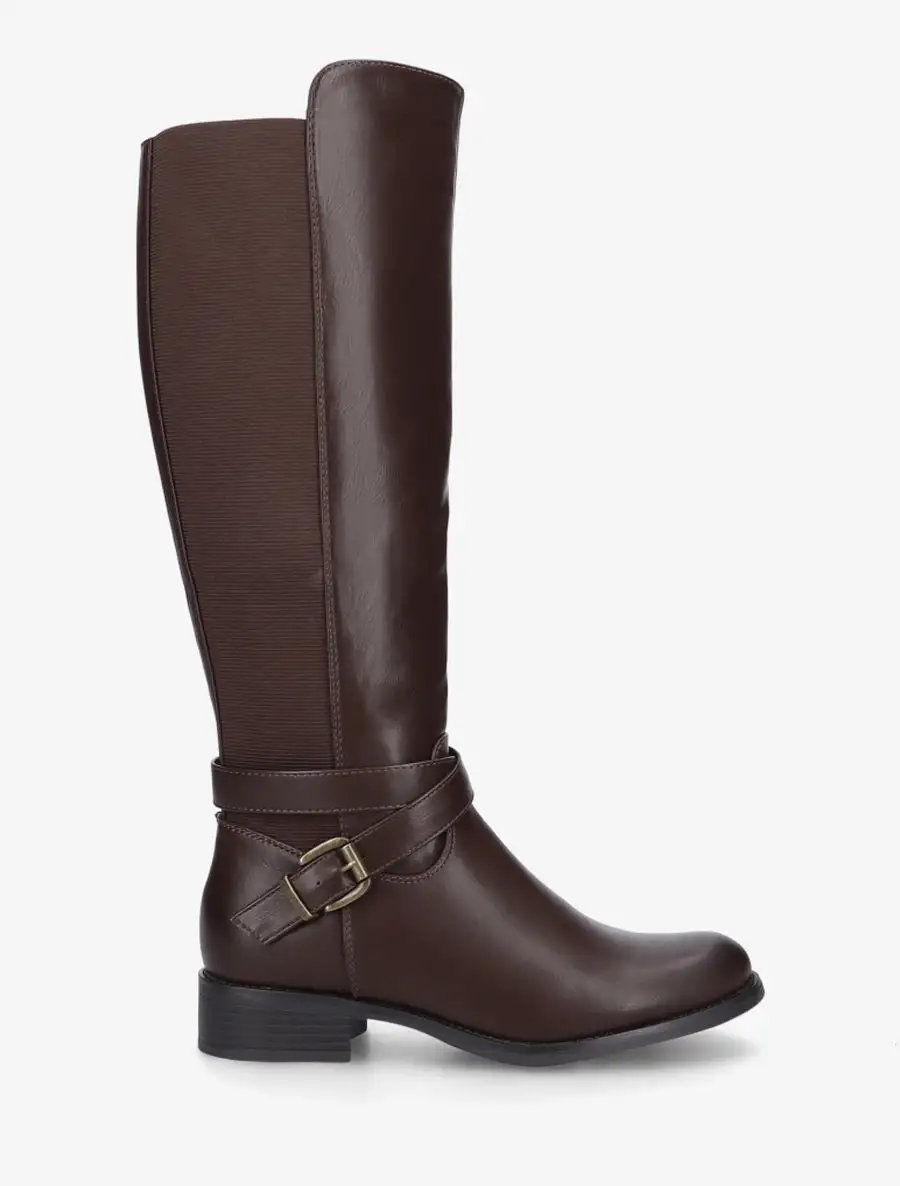 Polished Stretch Panel Strap Detail Buckle Detail Block Heel Knee High Boots