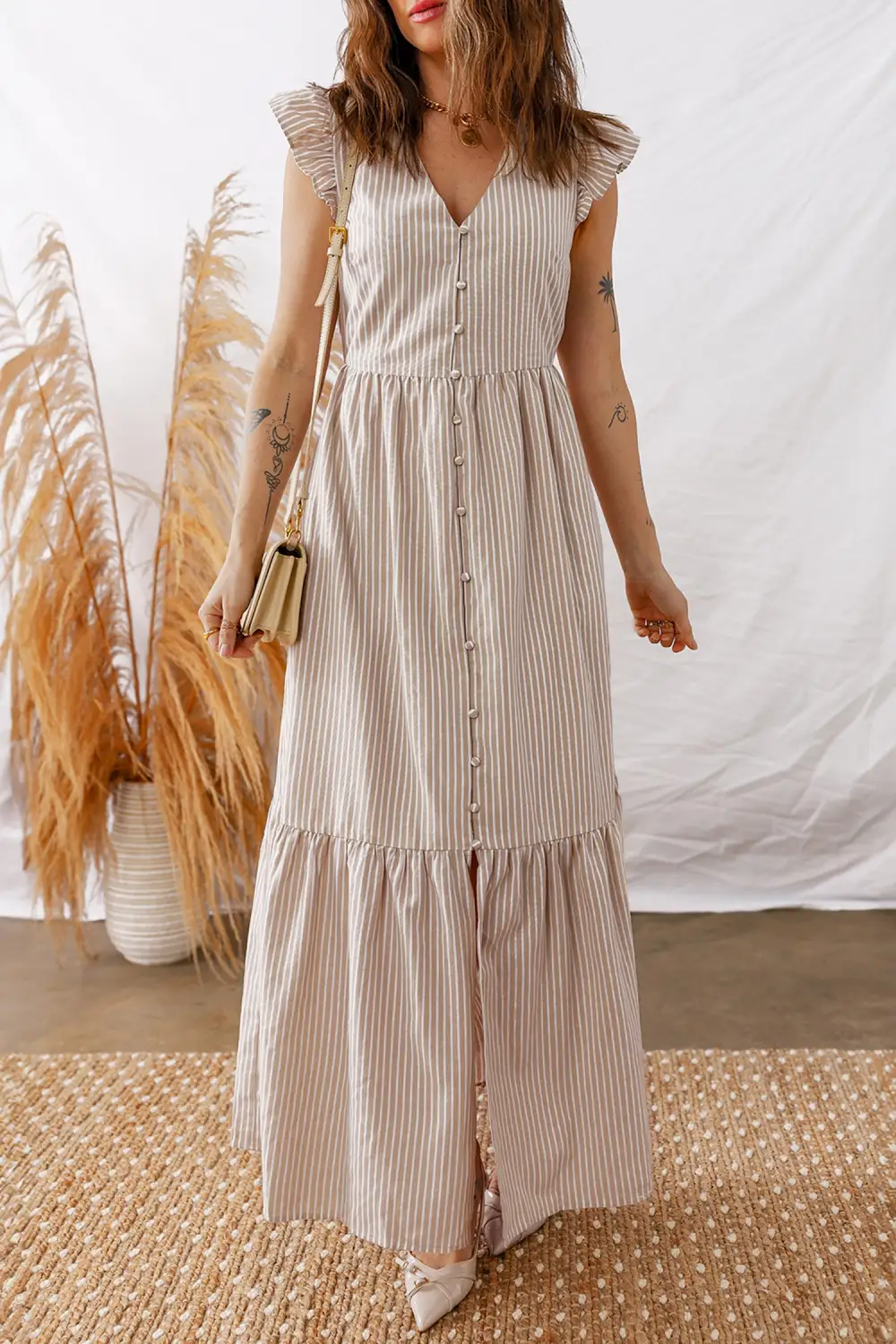 Striped Button Front Slit Maxi Dress