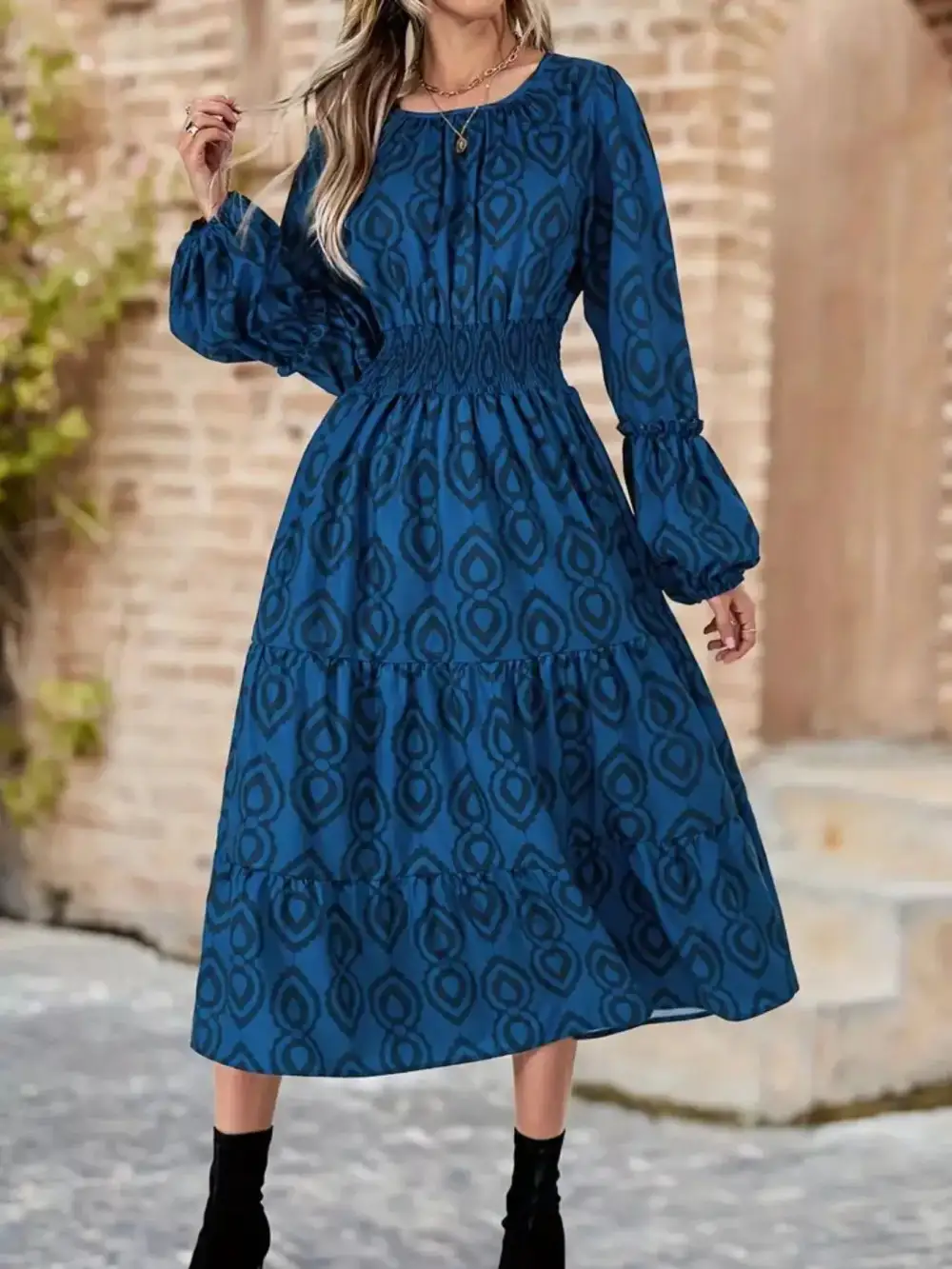 Round Neck Smocked Midi Dress