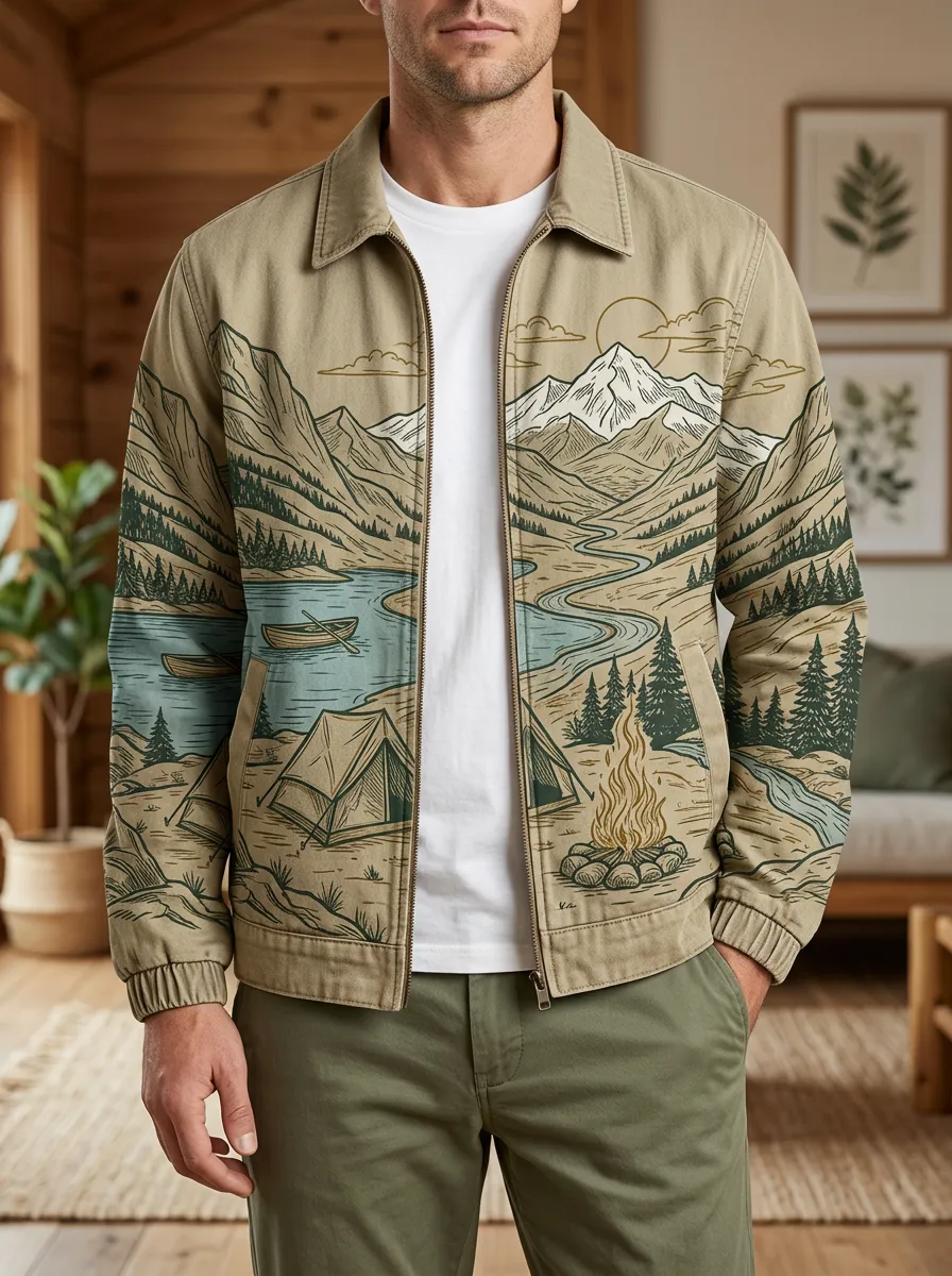Men's Camping Nature Lover Mountain Lake Printed Jacket