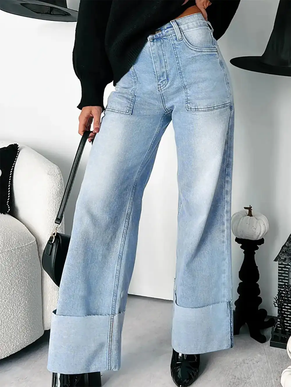 High Waisted Wide Leg Cuffed Hem Denim Jeans
