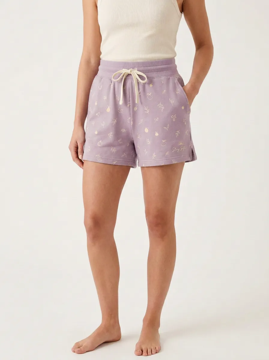 Women's Botanical Fruit Drawstring Elastic-Waist Printed Sweat Shorts