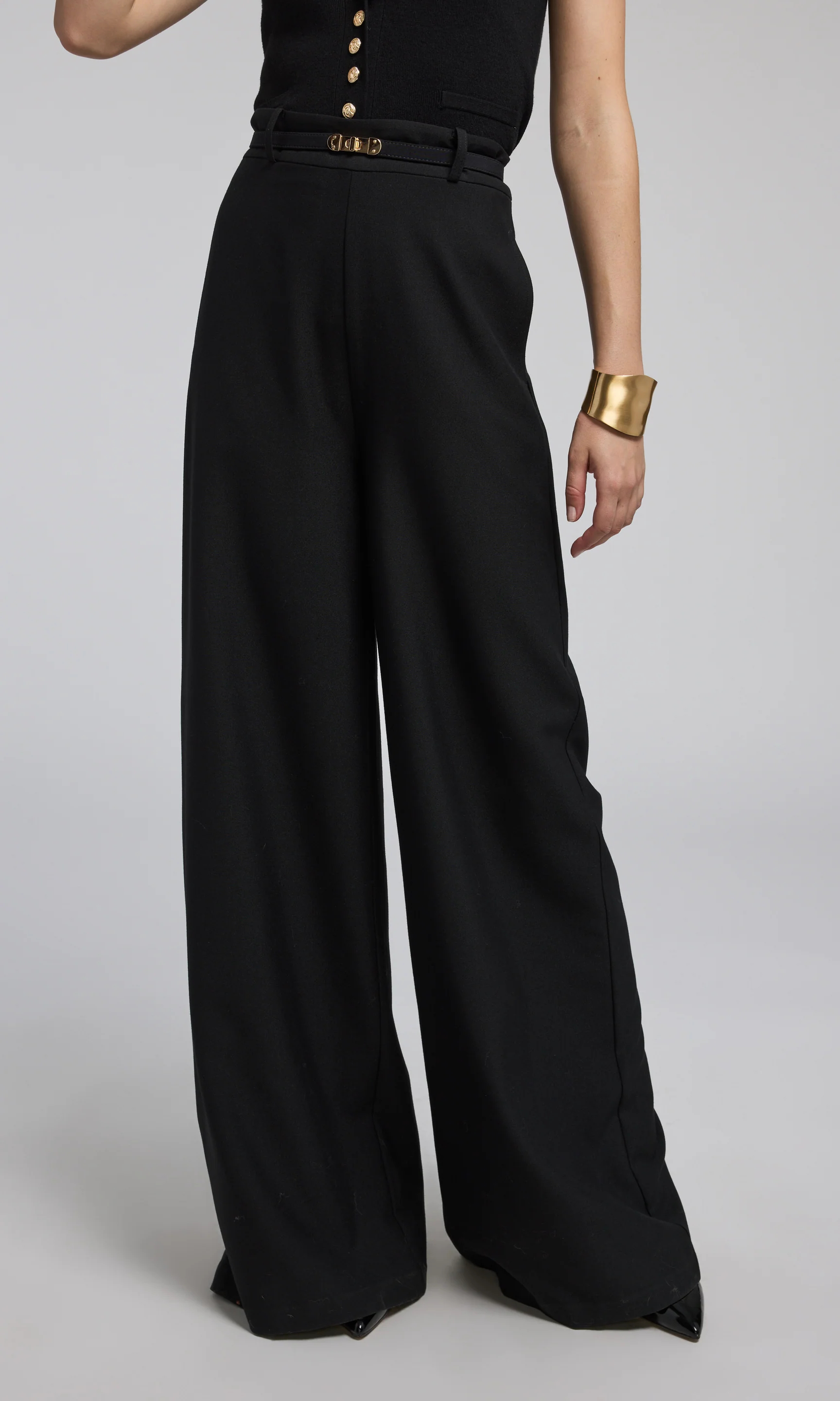 Black Drop Button Wide Leg Trousers