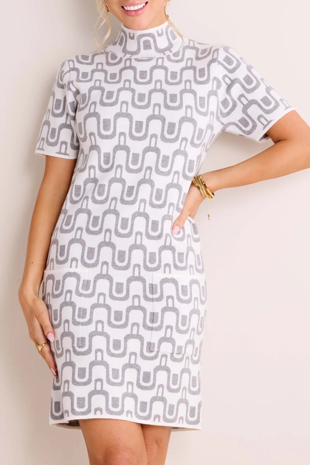 Cream Geometric Print High Neck Dress