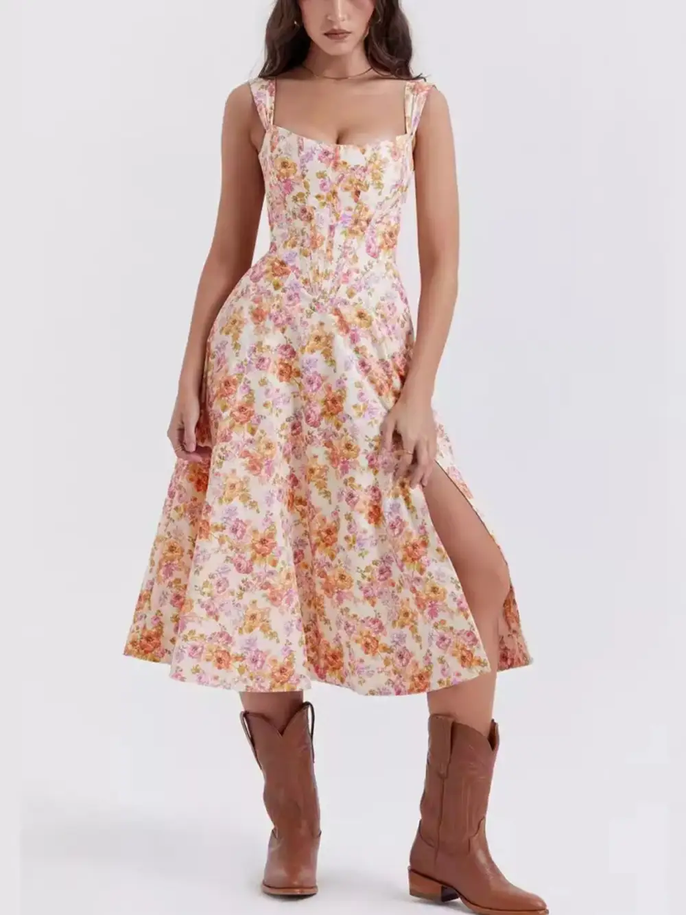 Floral Print Midi Dress With Slit