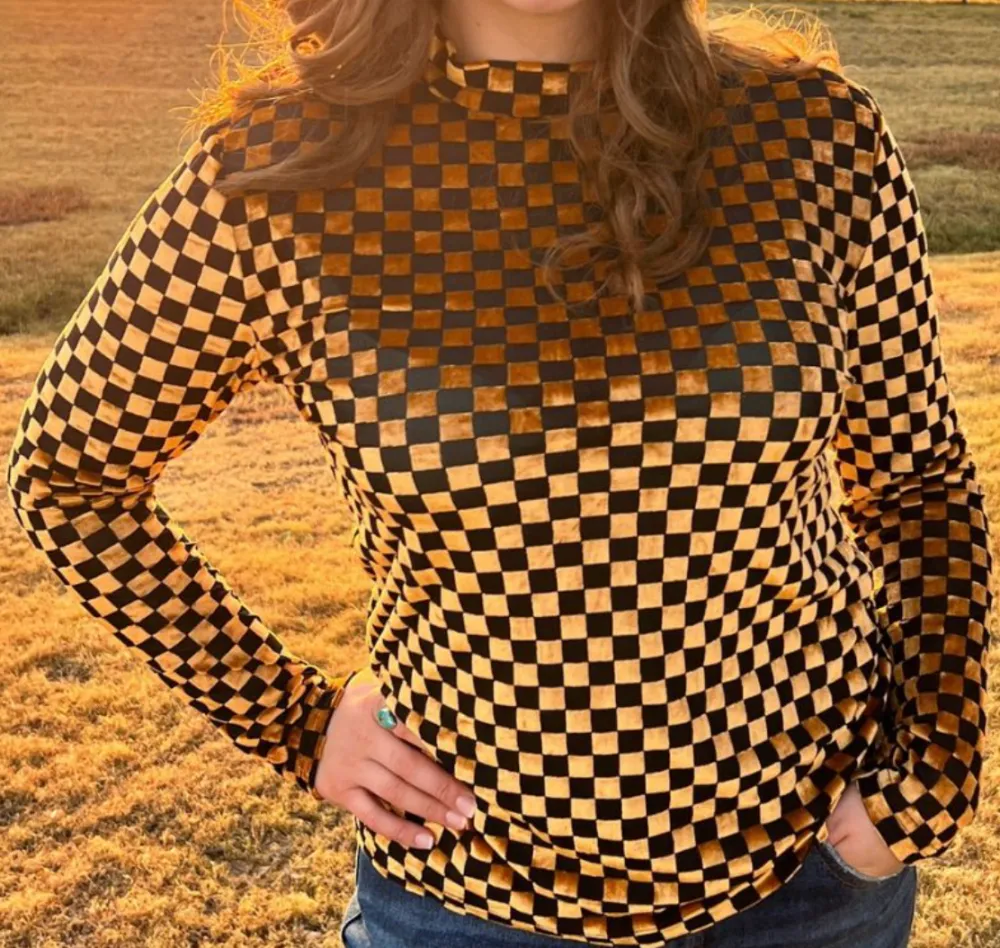 Checkered Velvet Mesh Top