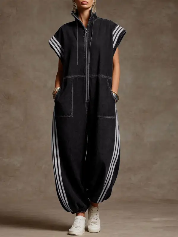 Enkelgebonden Losse Contrastkleurige Zakken Split Joint Gestreepte Jumpsuits