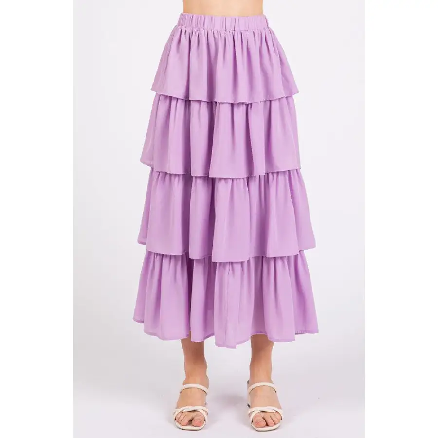 Chiffon Ruffle Layer Elastic Waist Midi Skirt
