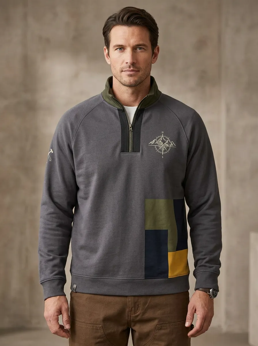 Men's Trail Outdoor Mountain Compass Graphic Zip-Neck Sweatshirt