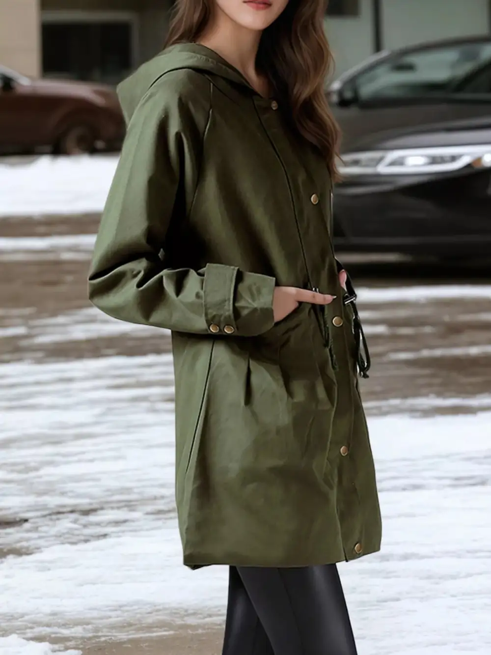 Plus Size Hooded Drawstring Waist Trench Coat