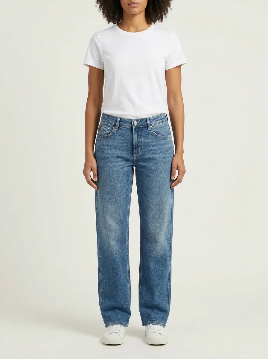 Women's Mid-Rise Contrast-Stitch Whiskered Straight-Leg Denim Jeans