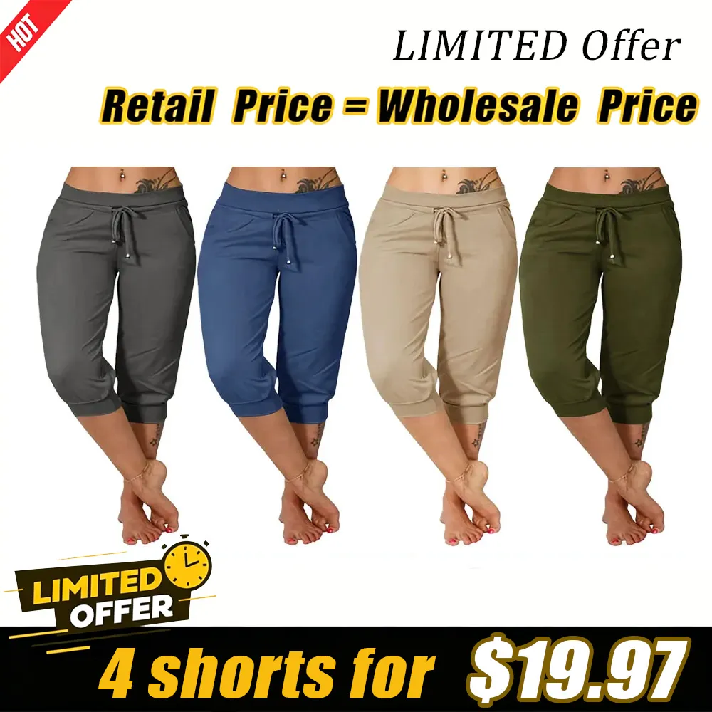 🔥Women's drawstring waist plain capri pants