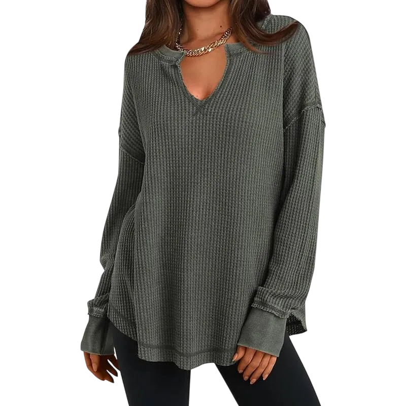 Women‘s Waffle Knit Long Sleeve Casual V Neck Shirts