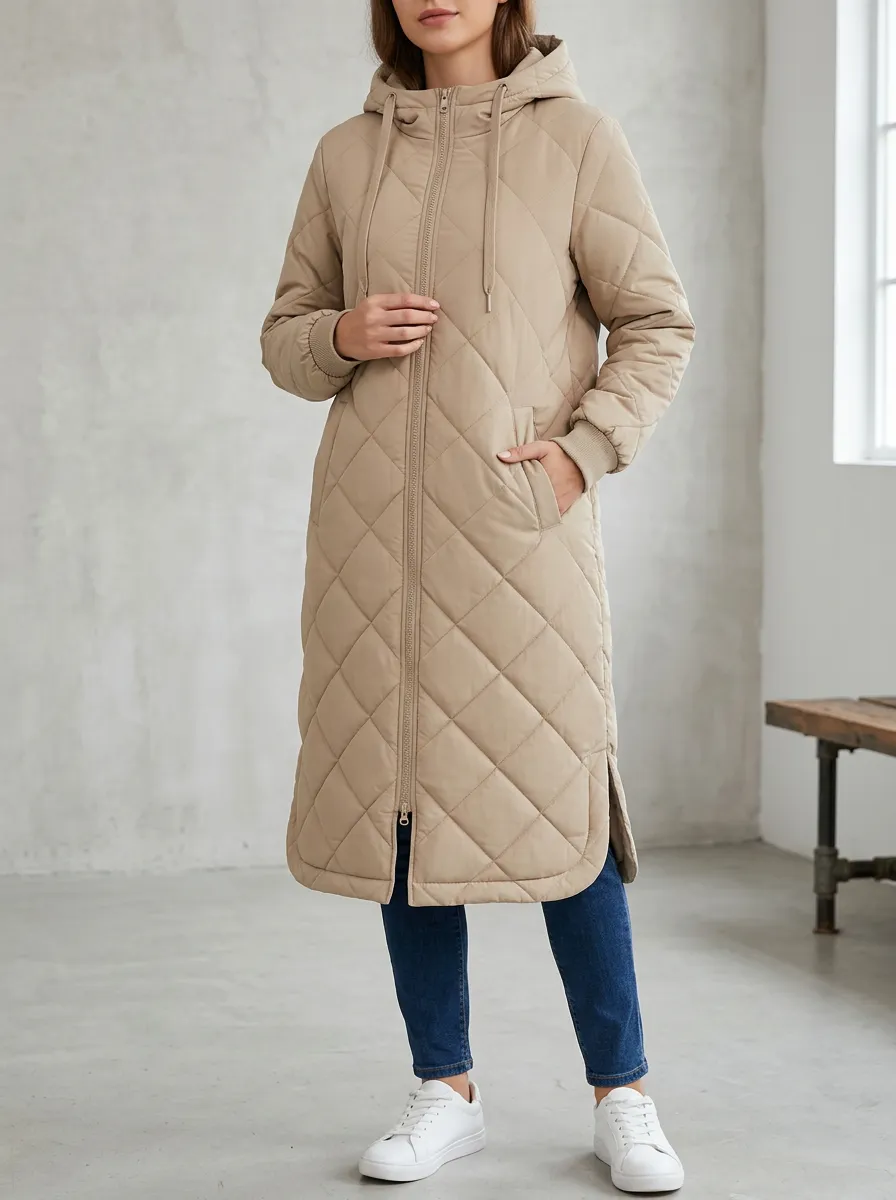 City-Layer Diamond-Quilted Long Hooded Coat